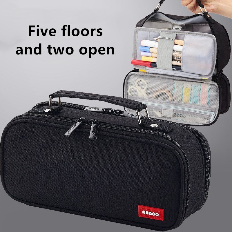 Draagbare Canvas Etui School Briefpapier Opbergtas Grote Capaciteit Pen Case Effen Kleur Pen Zak Leuke Cosmetische Tas Girlgift: Angoo Double open B4