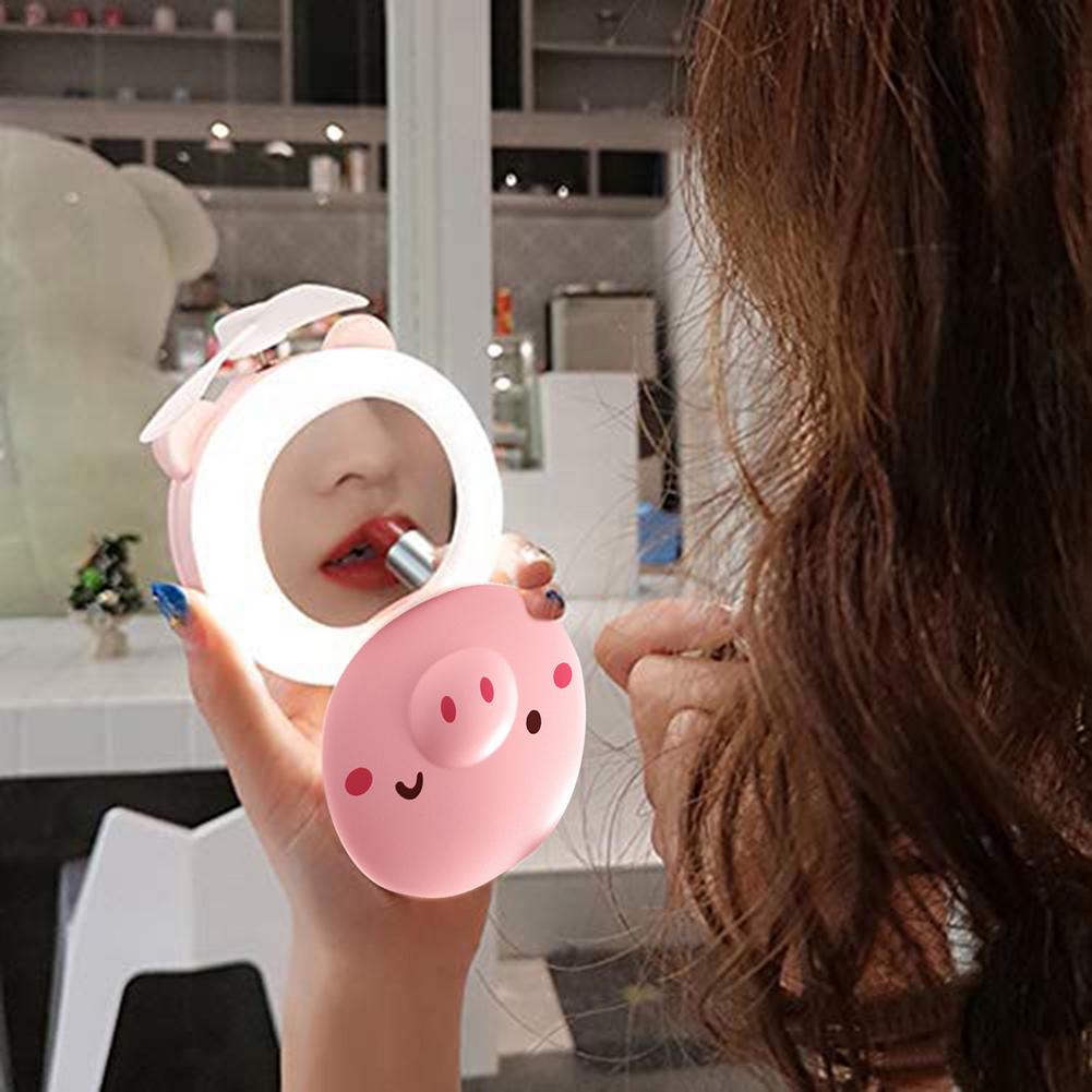 3in1 Cartoon Piggy Mini Cosmetische Spiegel Koelventilator Licht Handheld Usb Oplaadbare Mini Compacte Draagbare Pocket Cosmetische Spiegel