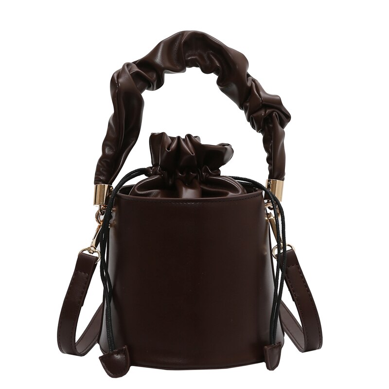 Solid Color PU Leather Women Drawstring Bucket Bags Ladies Small Shoulder Crossbody Bag Female Mini Handbag Purse: Coffee