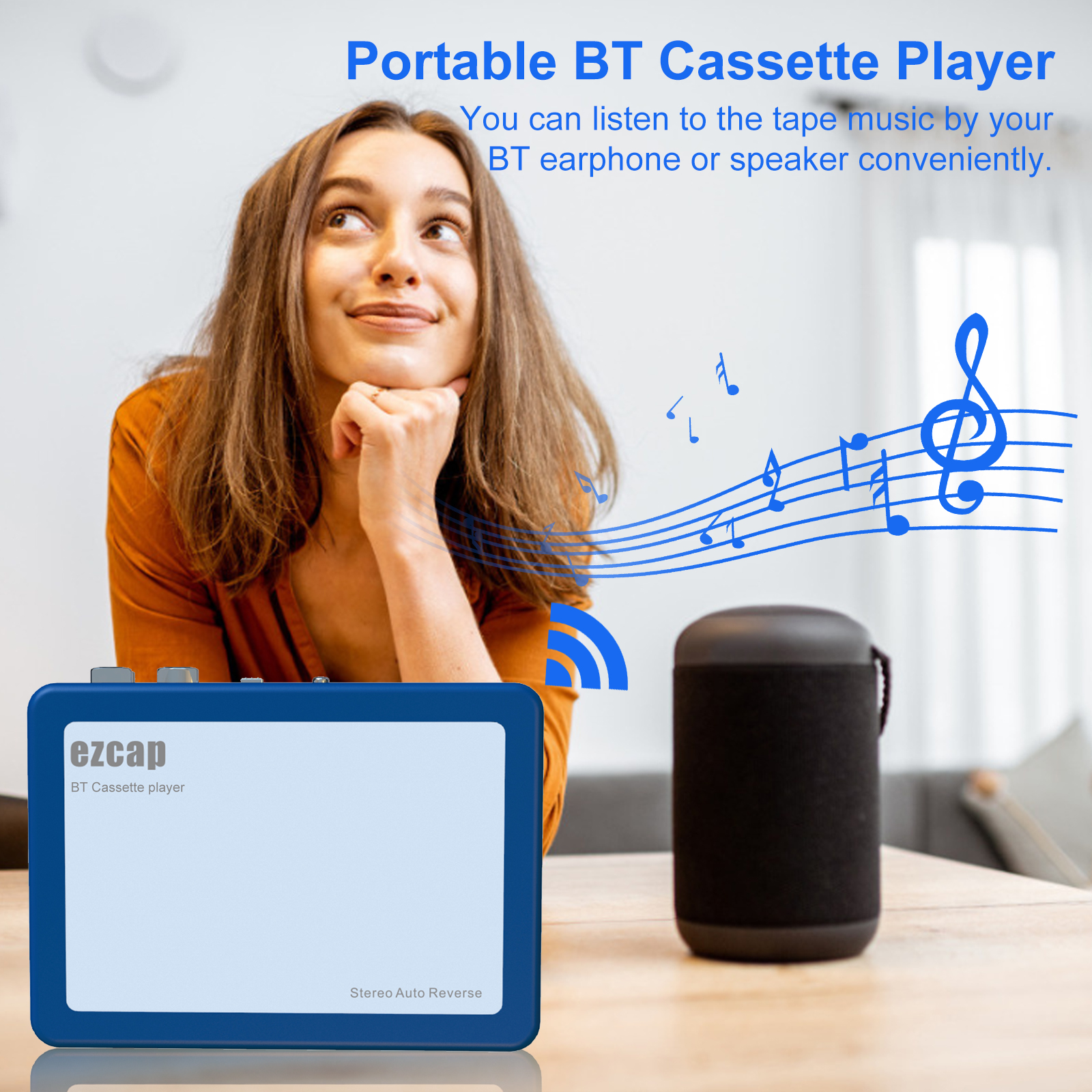 Ezcap215 bt leitor de cassetes portátil bt 4.2 leitor de fita 5 botões de controle estéreo l/r auto reverso fita de áudio com fones de ouvido
