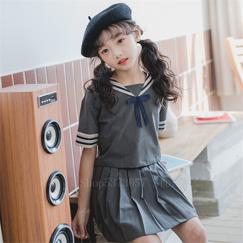 Børne skoleuniform sømandssæt baby kawaii piger grå stribet krave japansk kortærmet skjorte plisseret nederdel chorus jk sæt 160cm