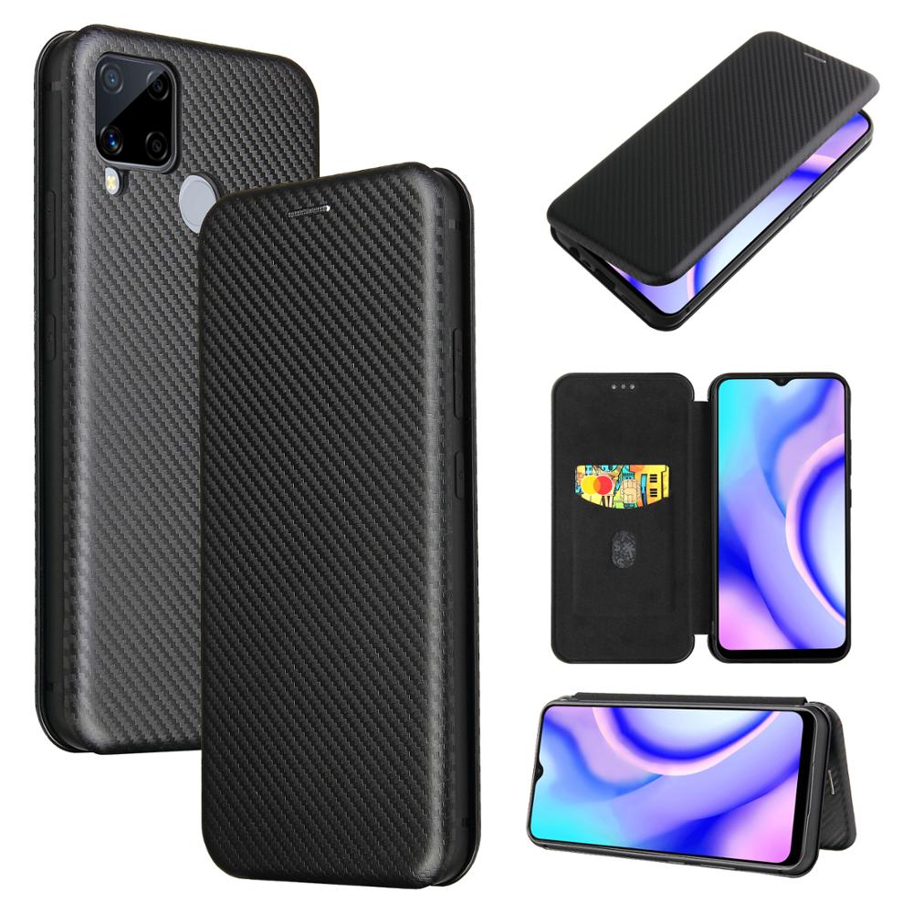 Koolstofvezel pc + tpu-hoes voor realme  c15 c 15 hoesje magnetische flip pu-hoes voor realme  c15 hoesje met kaartsleuf