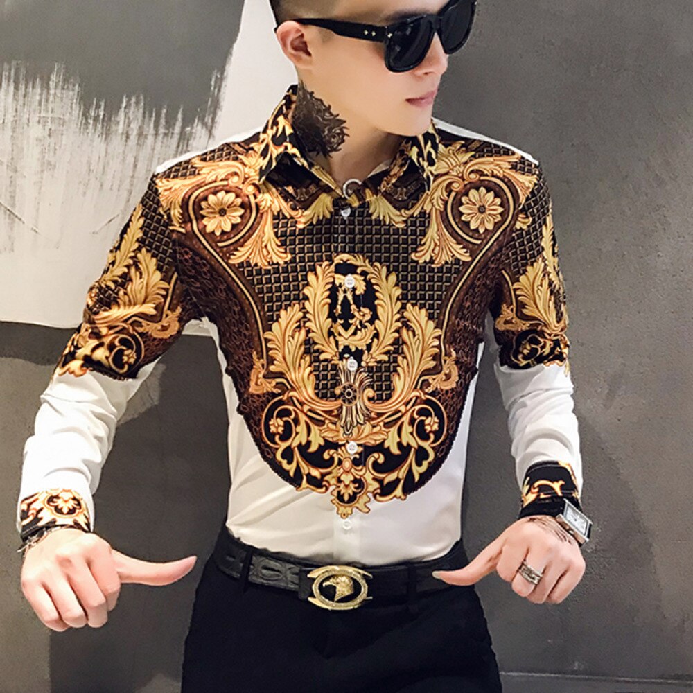 Luxury Gold Print Shirt Mens Men Long Sleeve Shirts Party NightClub Tuxedo Shirts Casual Slim Fit Streetwear Blouse Homme