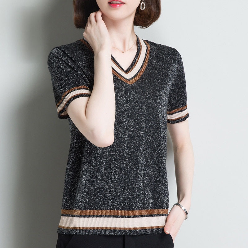 Sommer kvinner is silke gensere topper kortermet v-hals kvinnelig pull genser dame casual kul topp femme tynne gensere