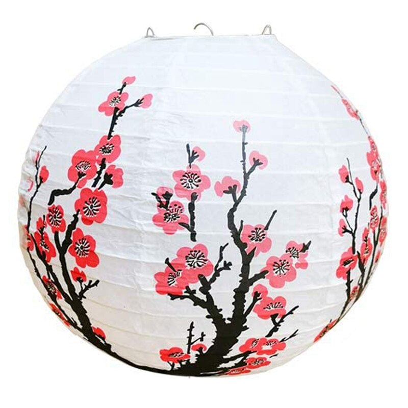 Flor de ameixa chinesa (pacote de 5), lanterna de papel branca redonda chinesa com lâmpada de estilo chinês oriental para decoração de casa presente