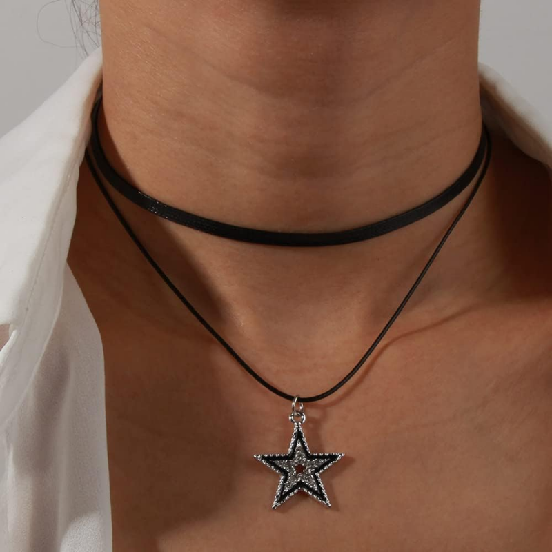 Stjerneanheng vintage halskjede punk stjerne choker rock roll gitar lagdelt halskjede for kvinner menn eboy egirl bar fest smykker