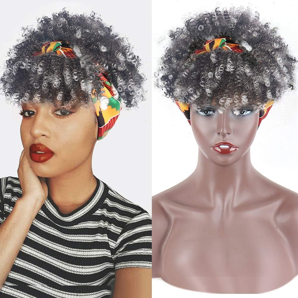 Afro Puff Turban Synthetic Wig Short Kinky Curly Headwrap Drawstring Wrap-wig 2 in 1 Updo Head-Wrap Wig for Black Women: #6