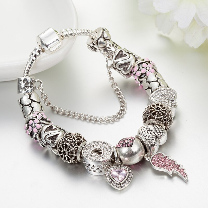 ANNAPAER European Pink Crystal Angel Wings Charm Bead Fit Original Bracelets for Women Bracelet Jewelry B17044