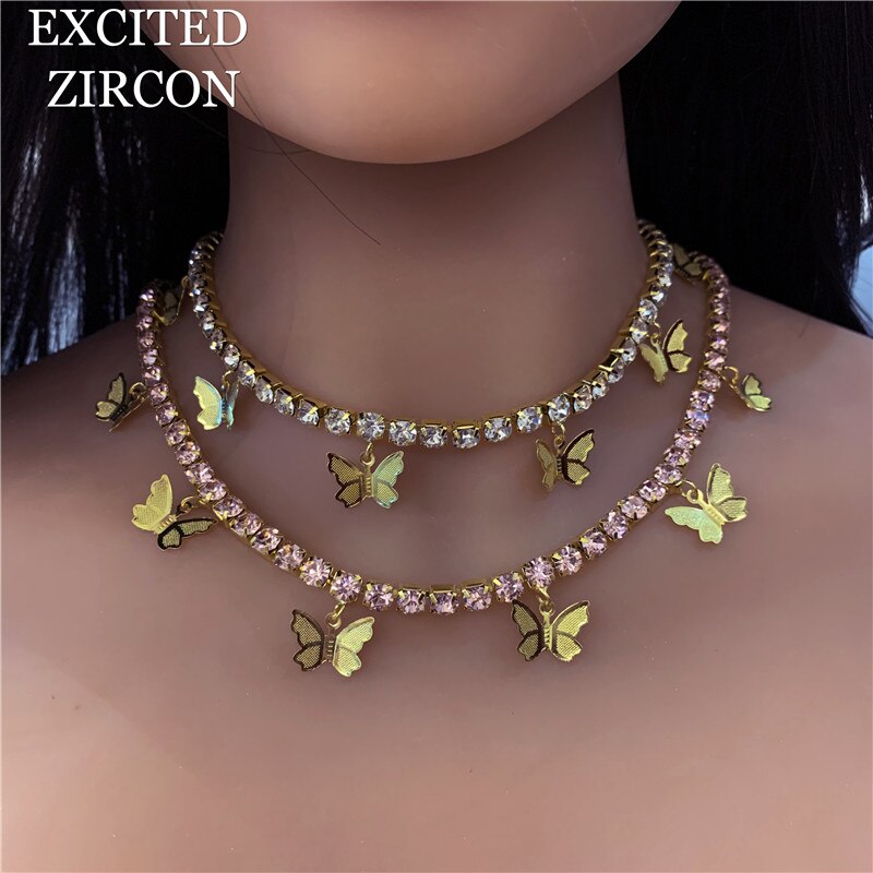 Boho strass borboleta charme com corrente de cristal moda colares bijoux para feminino elegante bling cristal gargantilha jóias