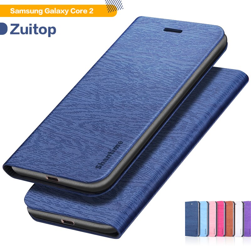 Pu lederen telefoonhoesje met houtnerf voor samsung galaxy core 2, flip-book case, zakelijke portemonneehoes, zachte siliconen achterkant