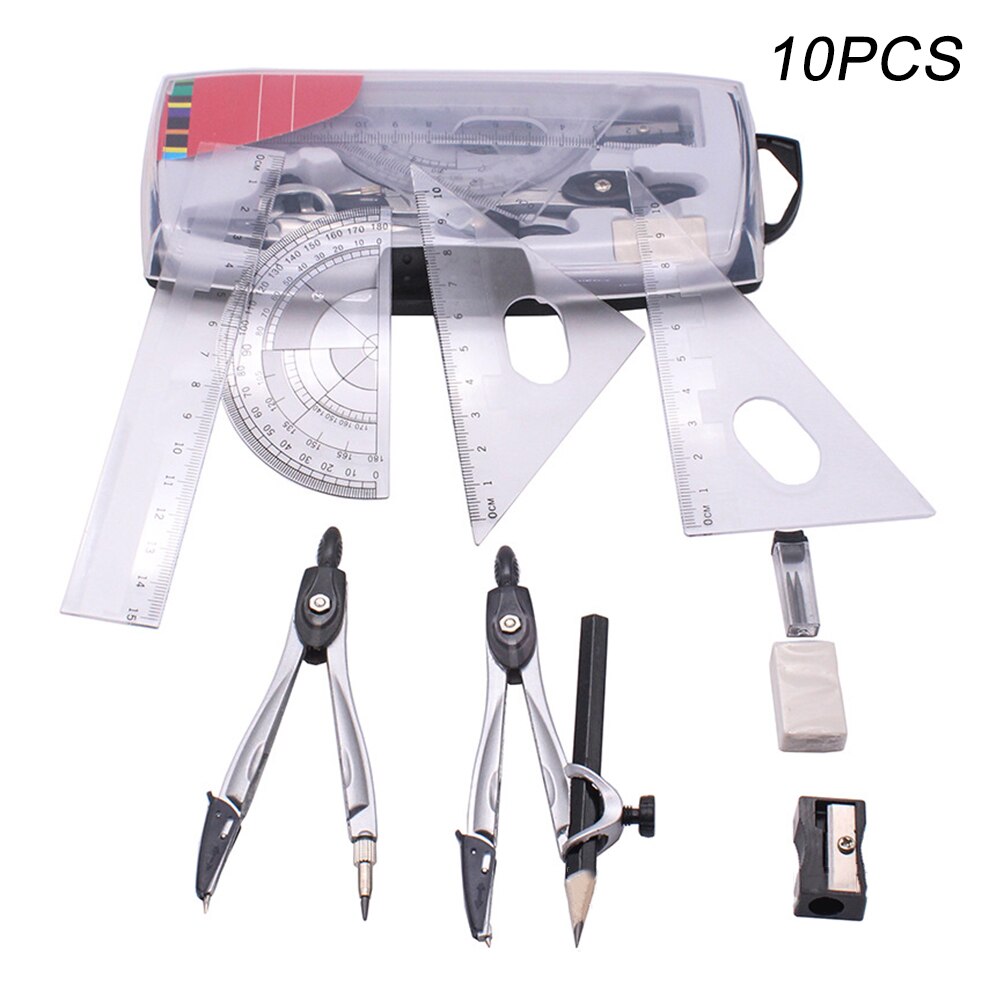 10pcs Stationery Geometry Compasses Set For Students Protractor Drawing Eraser Math Set Squares School Ruler