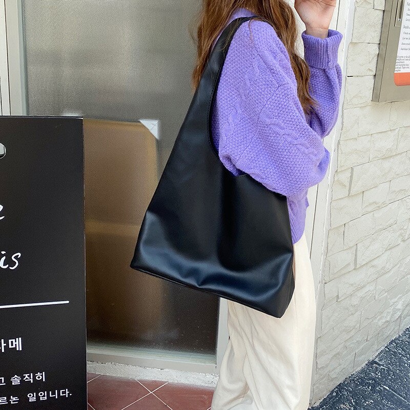 Stor kapacitet kvinder skuldertasker kvindelige shopper tasker årsag damer håndtasker softpu læder store totes sort