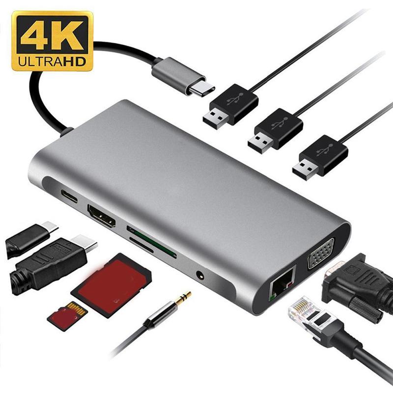 Stacja dokująca USB Centrum typ C adapter USB 3.0 4K HDMI kompatybilny konwerter VGA RJ45 10 w 1 dla Macbook zawodowiec piorun 3