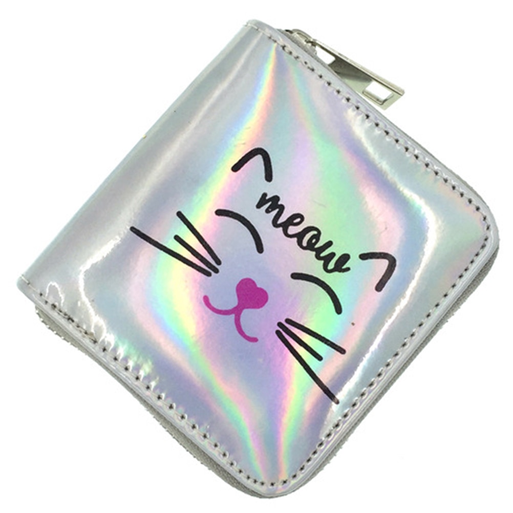 Femmes hologramme portefeuille porte-monnaie en cuir PU sac à main carte à glissière porte-pochette femmes dessin animé mignon petits portefeuilles pochette