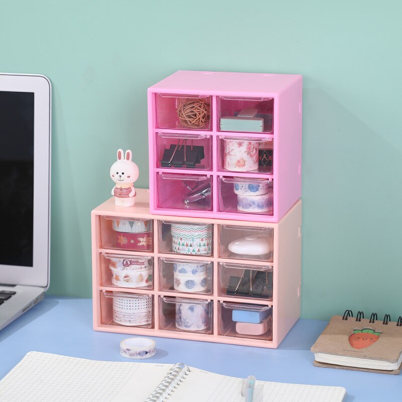 Kawaii White/Pink 6/9 Grid Drawer Desktop Organizer Desk Storage Box Free Sticker School Stationery Accessories Storage Boxes