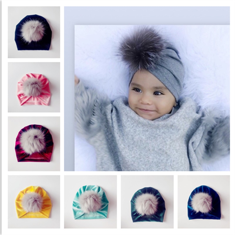 Baby turban hattar vår höst barn sammet mössor barn mössa pompom päls hatt varm flicka mössor