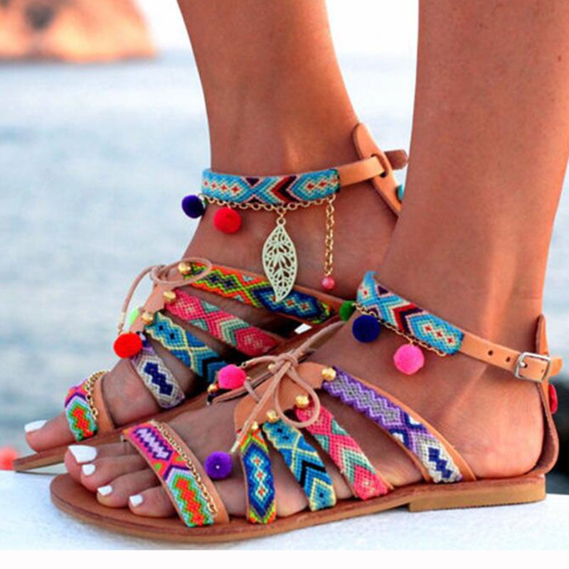 Sandalias bohemias con plataforma para mujer, zapatos de punta abierta, informales, para playa, verano,