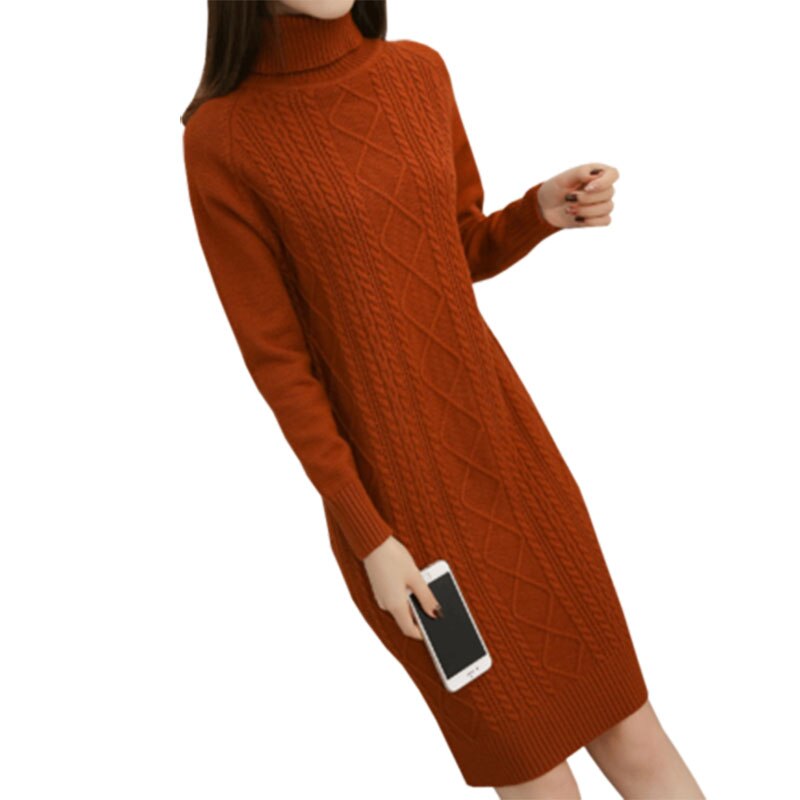 Winter vrouwen Twist Warme Gebreide Trui Lange Jurk Dames Coltrui Volledige Mouw Lange Slanke Gebreide Sweater F532