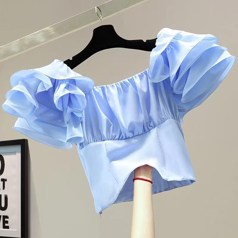 Korea süße sanfte Blusas Sommer neue Rüschen Hemden hohe Taille kurzes Hemd Femme Vierkant ausschnitt Puff ärmel Blusen