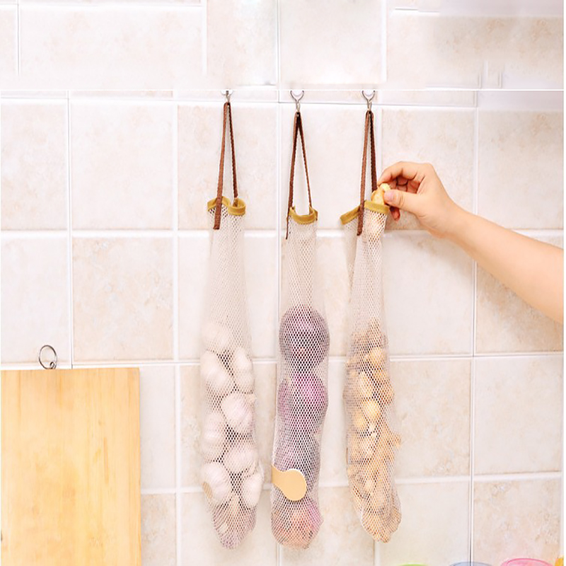 Grøntsagsløg kartoffelopbevaring hængende pose hul åndbar meshpose køkken hvidløg ingefær mesh opbevaringspose
