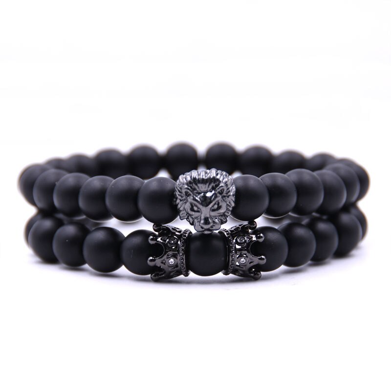Bracelet homme tête de Lion avec couronne Bracelets 8mm pierre naturelle perles bracelet pavé CZ couronnes hommes femmes bijoux pulseira: 4