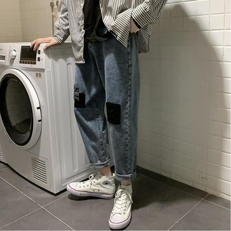 Män jeans lapptäcke ankellängd rak denim trendiga män fritid fast löst matchande cowboybyxor chic retro