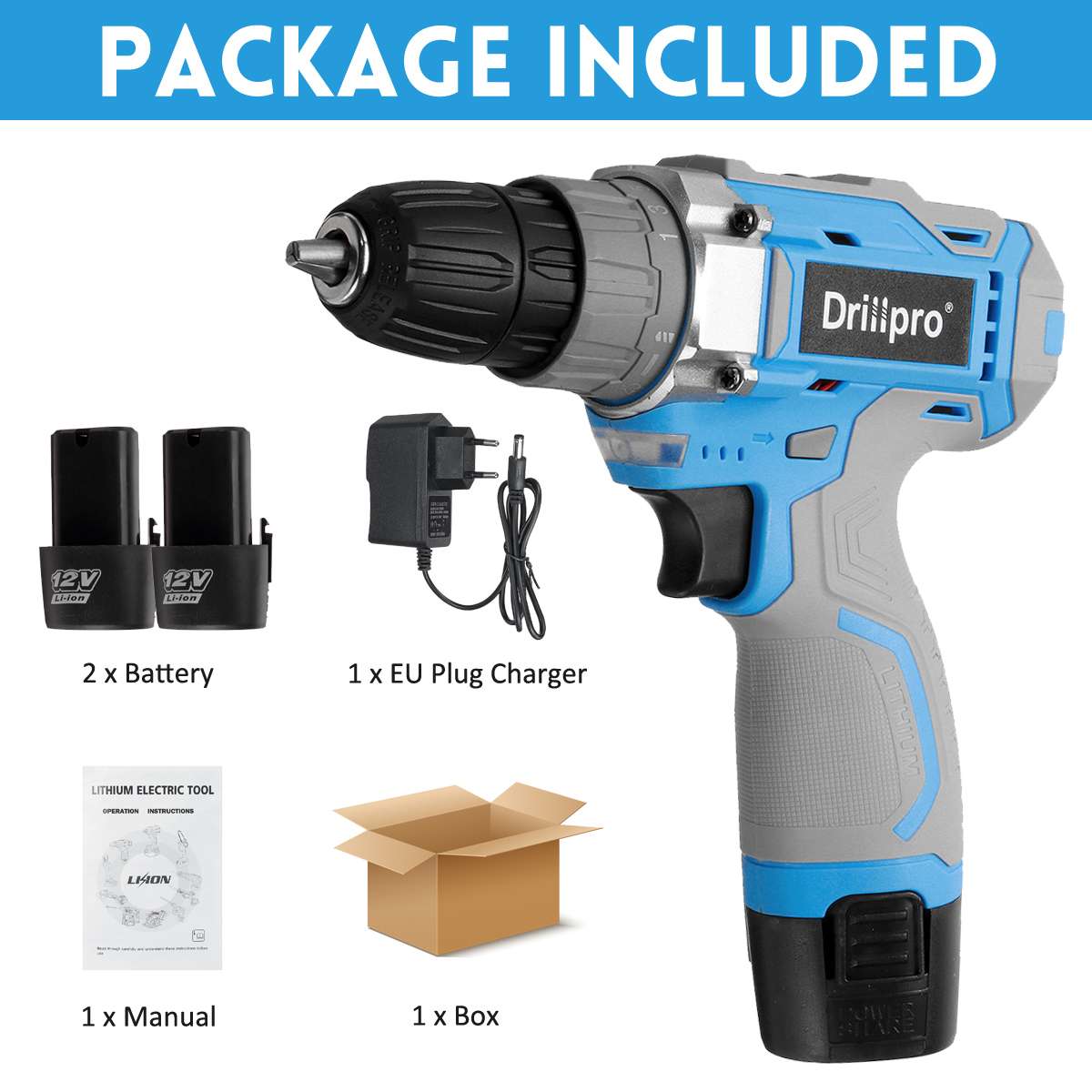 Drillpro-taladro inalámbrico de 12V, 16V, 21V, 10MM, 25 + 1, minicontrolador de potencia, batería de iones de litio, herramientas eléctricas