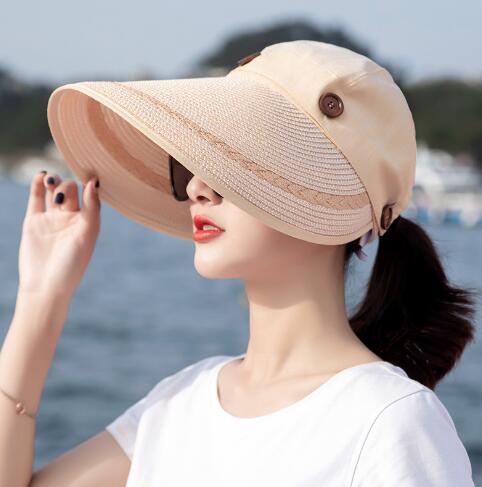 Solhatte kvinder stor bred skygge floppy sommer strand solhat kasket knap stråhat sommerhatte til kvinder anti-uv visir: Farve 1