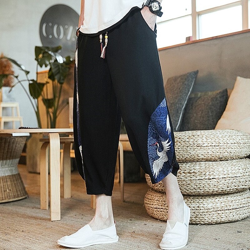 Letnie bawełniane spodnie Kimono męskie patchworkowe luźne spodnie Kimono azjatyckie Streetwear styl orientalny odzież chińskie spodnie męskie FF2965: 4 / L