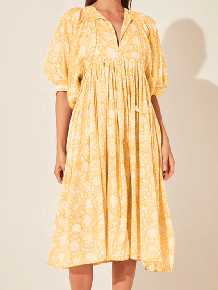 Oversized Casual Loose Dresses Women Summer Floral Printed Long Dresses Lantern Sleeve Boho Beach Dress: M / Yellow