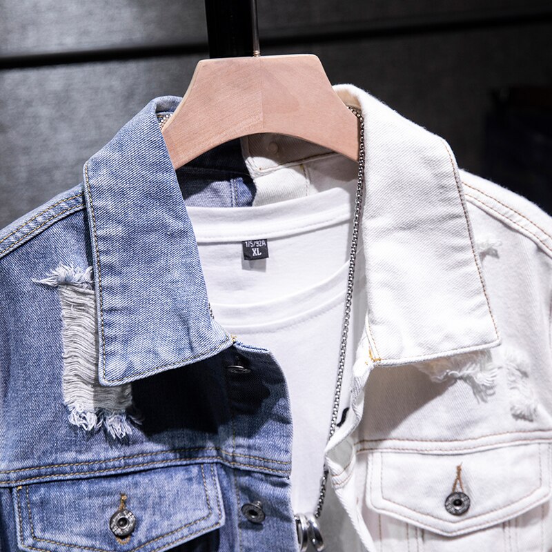 Chaquetas vaqueras de algodón para hombre, estilo Hip Hop, ajustadas, Azul, Blanco, de retazos, color sólido, informal, para motociclismo, de talla grande 5XL