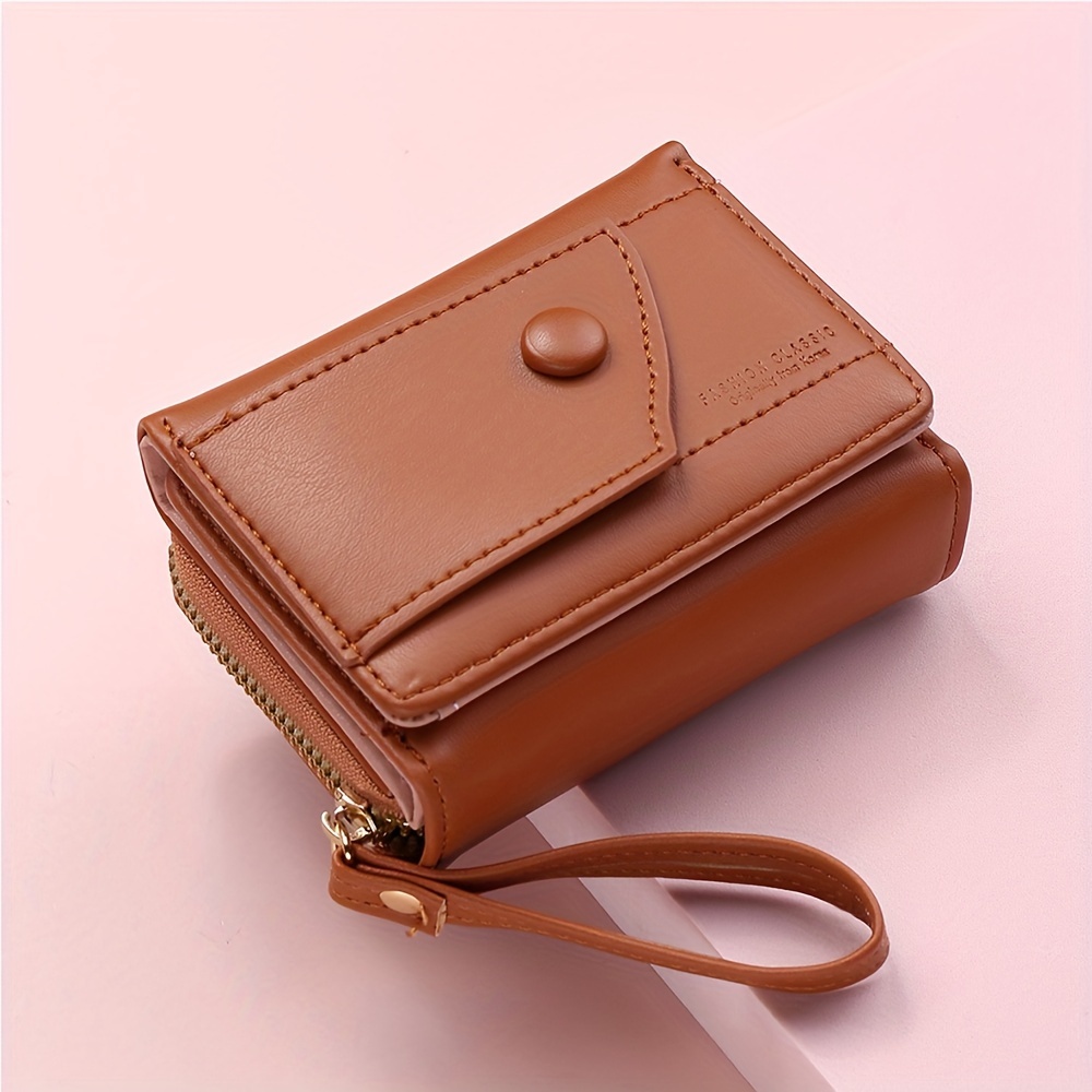 Four Seasons Women's Short Wallet Zipper Tower Buckle Zero Wallet Girl Student Handheld Bag Solid Color Simple Versatile: Brown