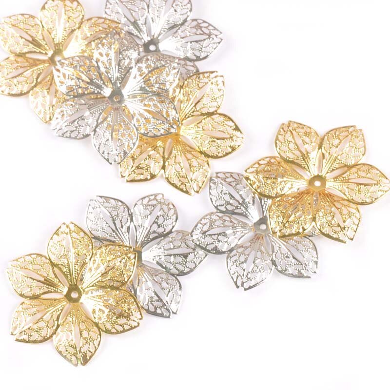 10 Uds. De Artesanía de Metal de flores huecas, envolturas de filigrana, conectores para pendientes, fabricación de joyas, accesorios de decoración para álbum de recortes, 43mm, ykl0782: mix