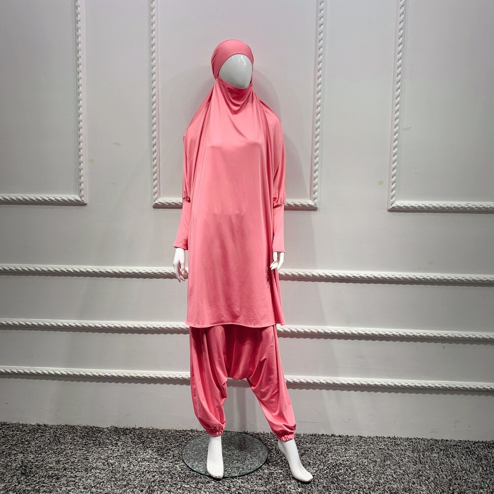 2 sztuka zestaw modlitwa odzież pełna pokrywa sukienka Abaya Eid Ramadan muzułmański islamski długi Khimar Jilbab szaty kobiety workowate spodnie haremki: Pink