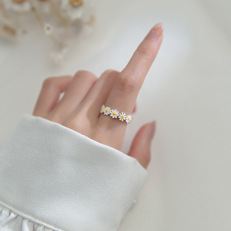 Echt 925 Sterling Zilveren Sieraden Lente Daisy Bloem Ring Vrouwen Koreaanse Stijl Verstelbare Opening Finger Ring Party
