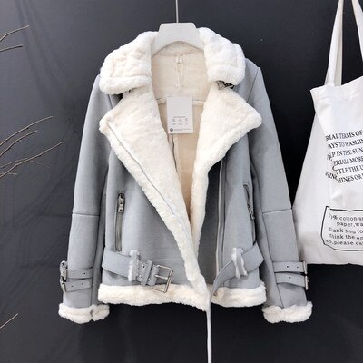 Vinter kvinnor mocka jacka tjock varm fusk lammull jackor kappa lös motorcykel skinnjacka kvinnlig streetwear: Gråblå / L