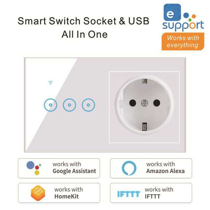 EU Standard Smart Light Switch Panel Wall 1/2/3 Gang wifi Light Switch 90V-240V AC WiFi EU Socket Work with Alexa Google Home
