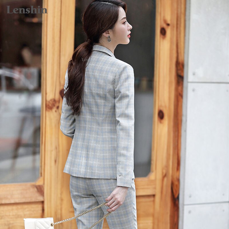 Lenshin 2 Piece Set Plaid Formal Pant Suit Blazer Office Lady Designs Women Soft Jacket and Ankle-Length Pant