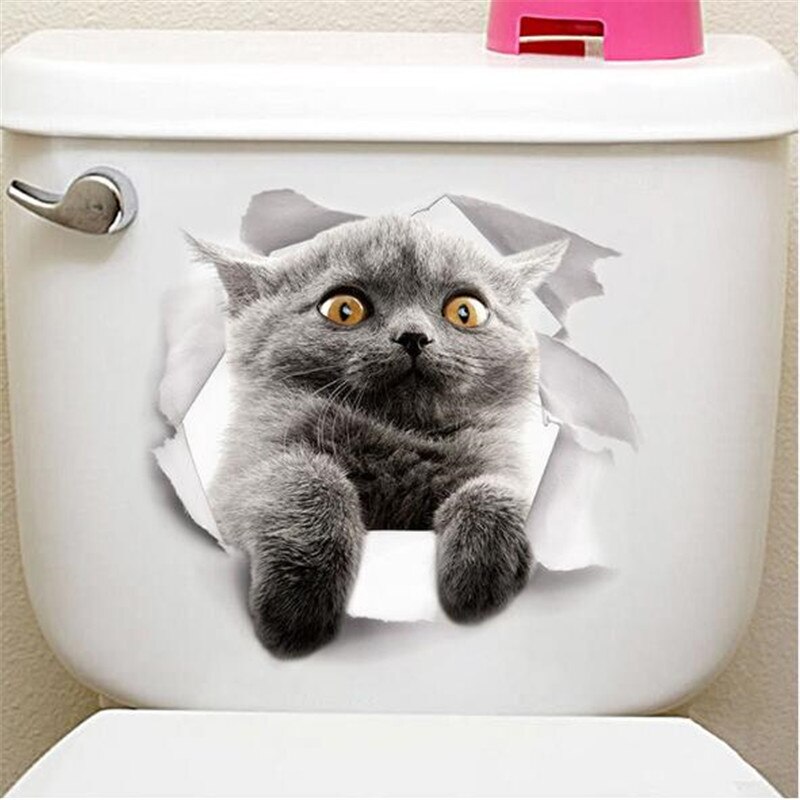1 pièces mignon 3D chaton toilette chat Stickers muraux pour cuisine réfrigérateur salon chambre décor à la maison papier peint bricolage maison décalcomanie: Gris