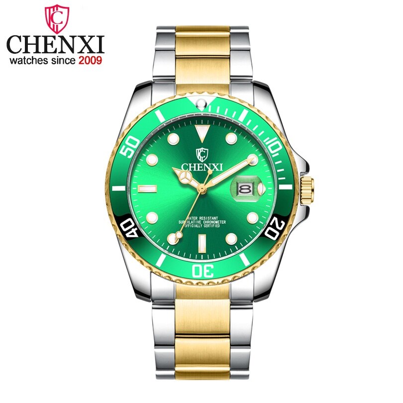 Chenxi herreure mænds forretningskvartsur vandtæt ur mandlige ure i rustfrit stål relogio masculino: Sølv guldgrøn