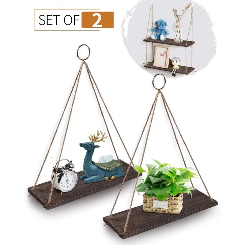 Hanging Shelves Wall Mounted Wood Shelves with 2 Rings Lightweight and Durable Farmhouse Rope Shelves