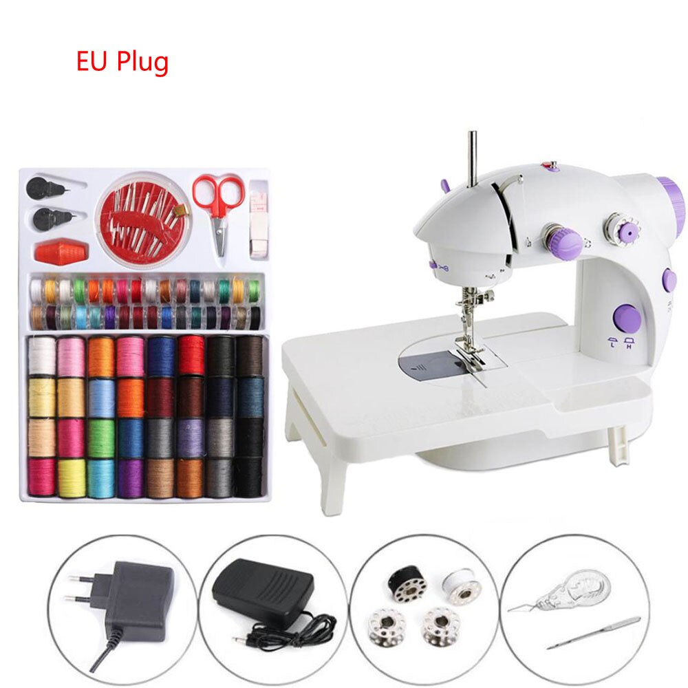 Electric Sewing Machine Mini Portable Household Night Light Foot Pedal Straight Line Hand Table Thread Kit: EU with Kit  Table