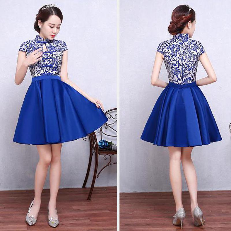 Qipao-Vestido corto de satén con cuello mandarín para mujer, Vestido corto plisado, Azul Real, estilo chino, tallas S, M, L, XL, XXL y A-121