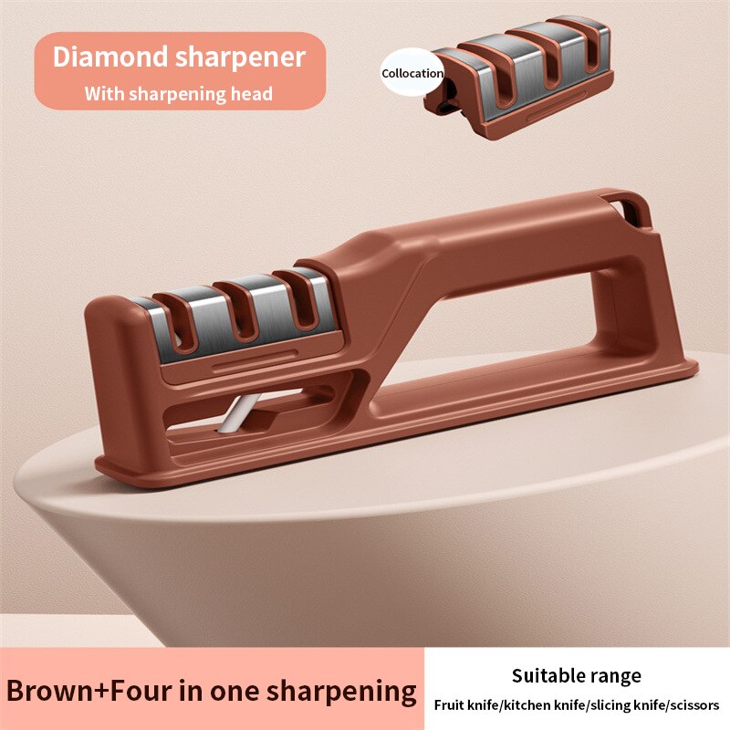 4 In 1 Knife Sharpener Manual Knife Sharpening Tool Scissors Sharpening Stone With 1 More Replace Sharpener Kitchen Accessories: Brown-Spare head