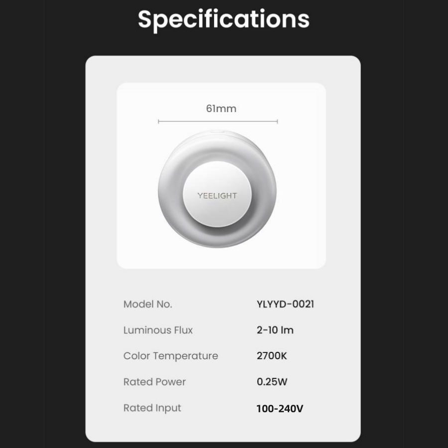 Yeelight Plug-in-Lichtsensor, Nachtlicht, 100–240 V, warme Farbe, 0,25 W, energiesparend, 2700 K, Beleuchtung, Lichtsensor, EU-Stecker