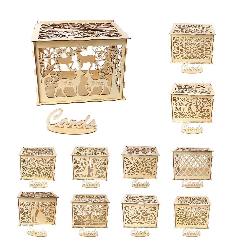 Wedding Card Boxes Wooden Box Wedding Supplies DIY Couple Deer Bird Flower Pattern Grid Business Card Wooden Box