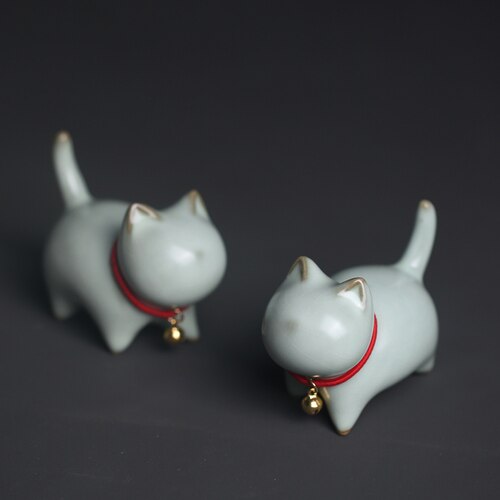 Chinese ru kiln kitten cute tea pet figures small decoration ceramic ornaments tea ceremony zen pen holder holder cat: Ruyao - (pair)