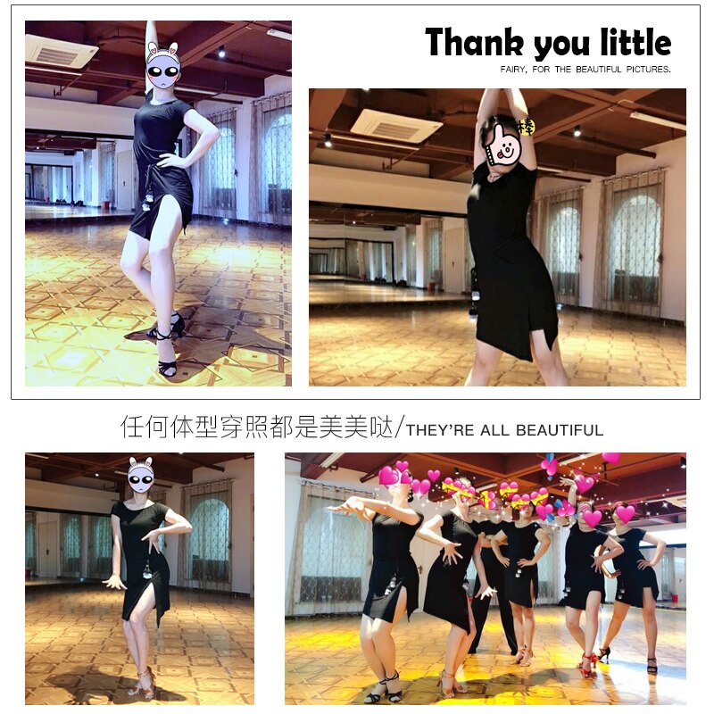 Latin Dance Dress Lady Black Round Neck Split Skirt Women Tango Cha Cha Rumba Samba Dancewear Practice Clothing Adults DNV11645