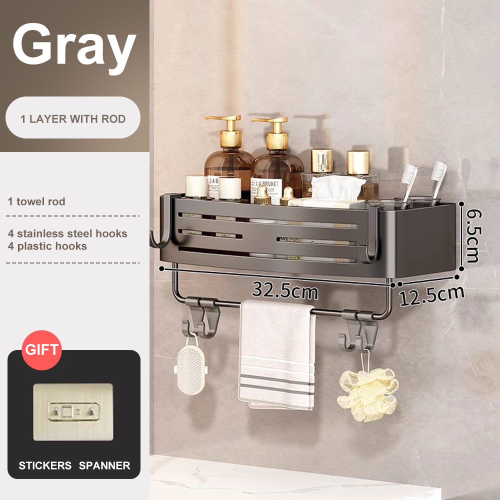1-2PCS Badezimmer Eckregal mit Kunststoff Haken Handtuchhalter Kein Bohrenraum Aluminium Dusche Lagerregal Badezimmer Organizer