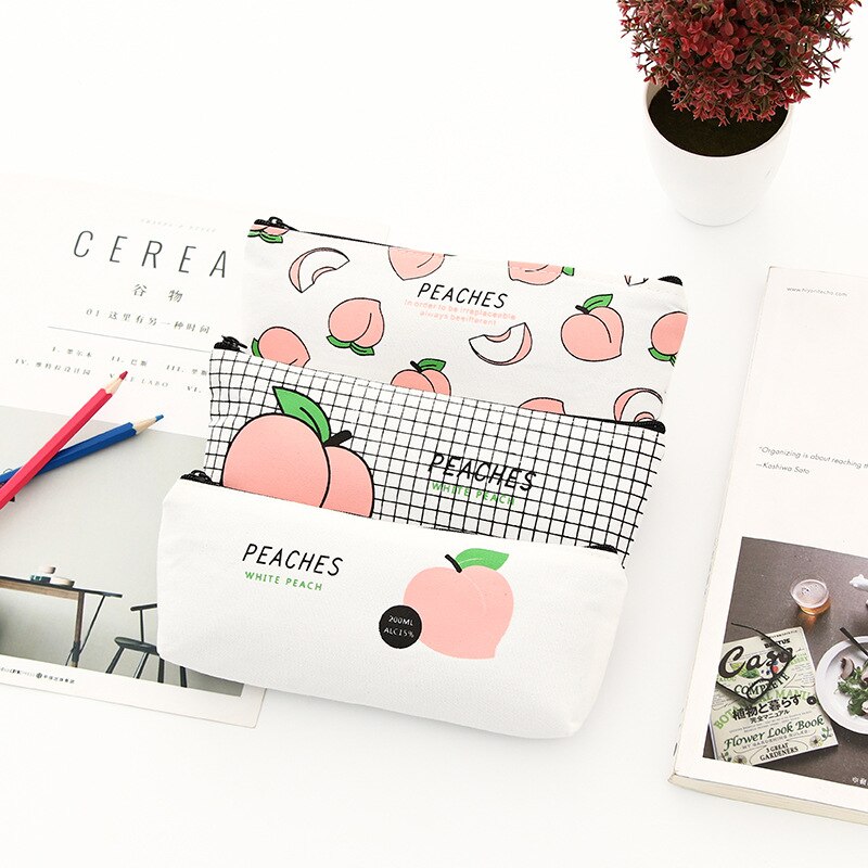 Estuche escolar Kawaii de lona para lápices de frutas y melocotón, estuche escolar para bolígrafos para niña, bolsa de lápices Kawaii, material escolar